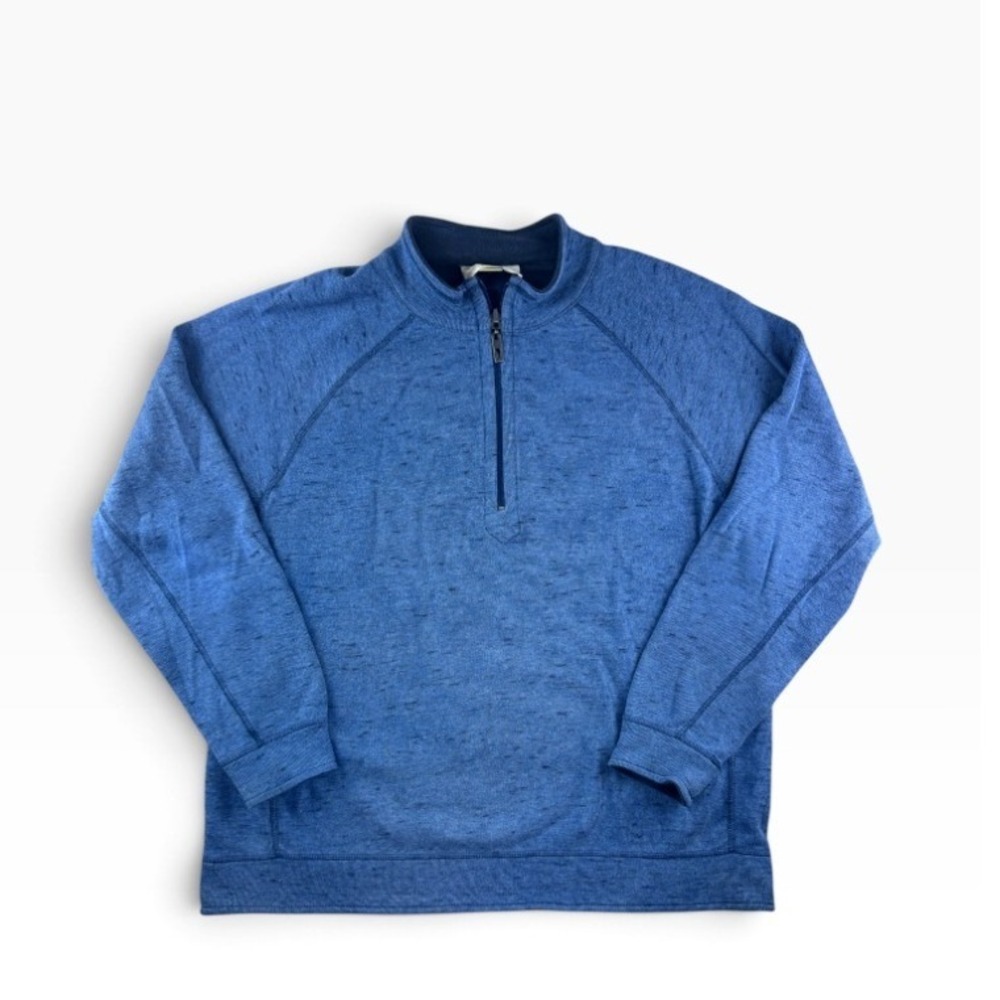Tommy Bahama Mens Large Reversible Quarter Zip Pullover Blue Heathered Knit